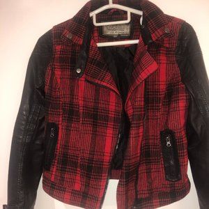 Red Plaid/Faux Leather Bomber Jacket, size M